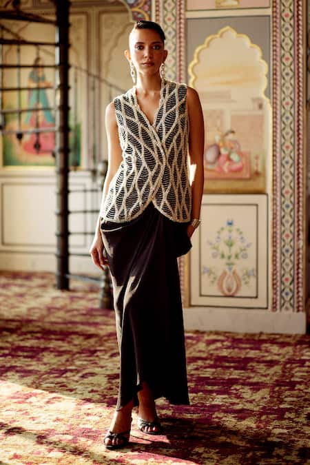 Charu And Vasundhara Kimora Bead Embroidered Jacket & Skirt Set 