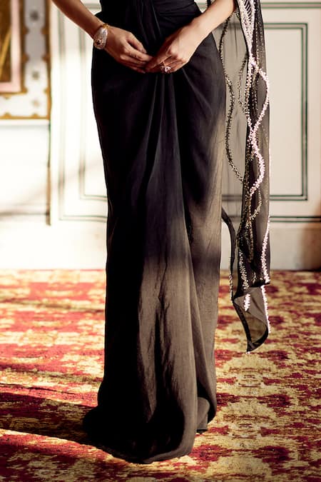 Charu And Vasundhara_Black Organza Beads One Shoulder Kelli Embroidered Top With Draped Skirt _Online_at_Aza_Fashions