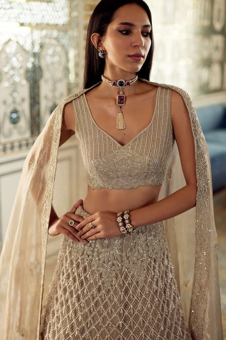Charu And Vasundhara_Gold Tissue Embroidery, Metallic Thread, Kourtney Geometric Lehenga Set _Online_at_Aza_Fashions