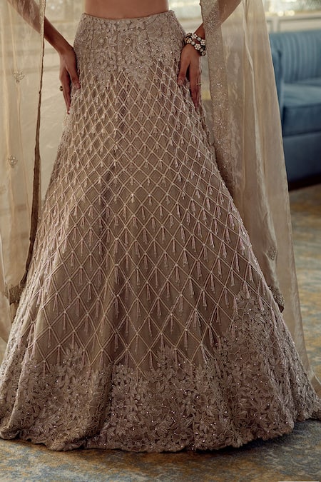 Buy_Charu And Vasundhara_Gold Tissue Embroidery, Metallic Thread, Kourtney Geometric Lehenga Set _Online_at_Aza_Fashions