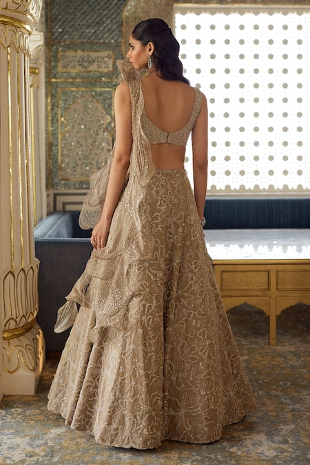 Charu And Vasundhara Kora Embroidered Ruffled Lehenga With Blouse 