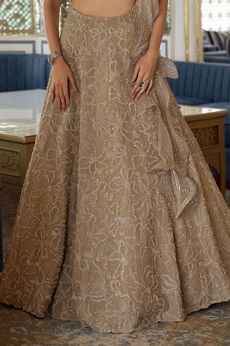 Buy_Charu And Vasundhara_Gold Tissue Sequins, Embroidery, Stones Kora Ruffled Lehenga With Blouse _Online_at_Aza_Fashions