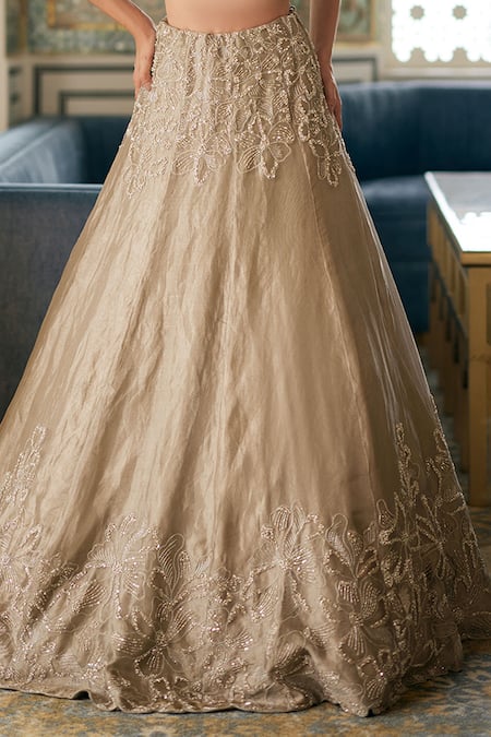 Buy_Charu And Vasundhara_Gold Tissue Embroidery, Sequins, Metallic Thread V-neck Kloey Lehenga Set _Online_at_Aza_Fashions