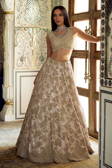 Buy Charu And Vasundhara Gold Tissue Sequins, Embroidery V-neck Korinna Embellished Lehenga Set Online at Aza Fashions Buy_Charu And Vasundhara_Gold Tissue Sequins, Embroidery V-neck Korinna Embellished Lehenga Set _Online_at_Aza_Fashions