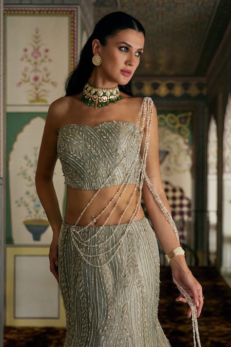 Charu And Vasundhara Gold Tissue Sequins, Embroidery, Katya Embellished Fishcut Lehenga With Corset Online at Aza Fashions Charu And Vasundhara_Gold Tissue Sequins, Embroidery, Katya Embellished Fishcut Lehenga With Corset _Online_at_Aza_Fashions