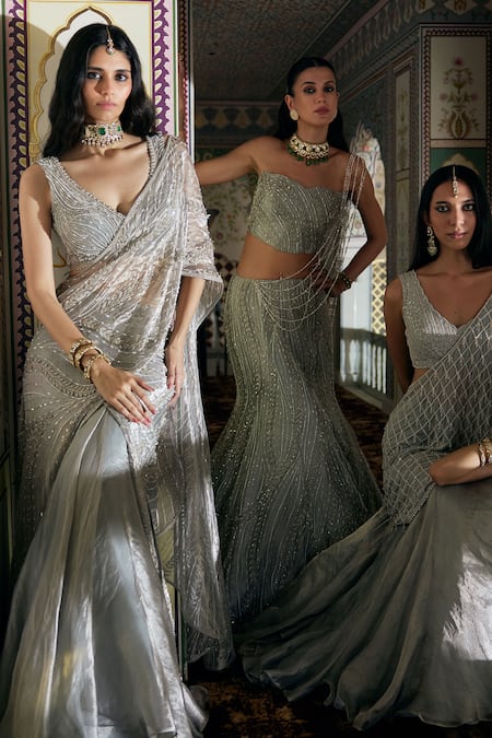Shop_Charu And Vasundhara_Silver Tissue Embroidery, Sequins Krystabelle Embellished Corset Lehenga Set _Online_at_Aza_Fashions