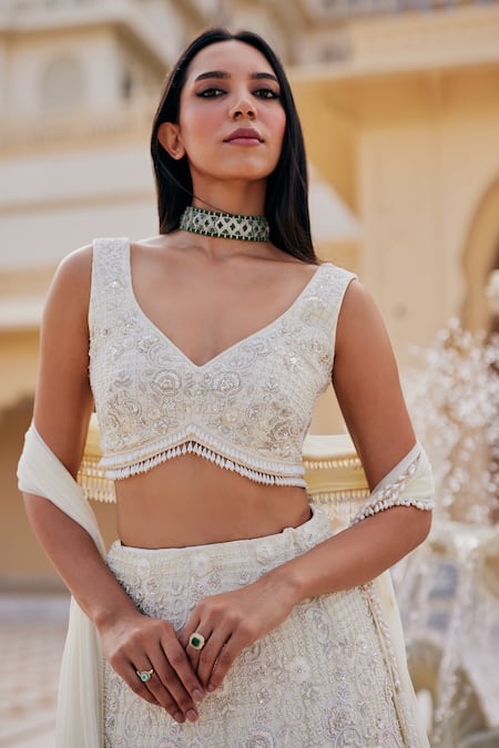 Charu And Vasundhara_Ivory Net Embroidery, Sequins, Stones, Beads, Metallic Keziah Lehenga Set _Online_at_Aza_Fashions