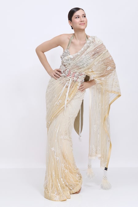 Buy_Dilnaz_Cream Net, Satin Embroidery, Sequins, Beads Floral Saree _Online_at_Aza_Fashions