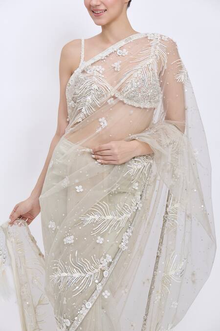 Dilnaz_Gray Net, Satin Sequins, Embroidery Hand Fern Saree _Online_at_Aza_Fashions