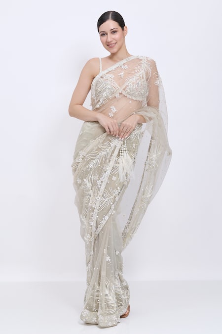 Dilnaz Net Hand Embroidered Sequin Fern Saree 
