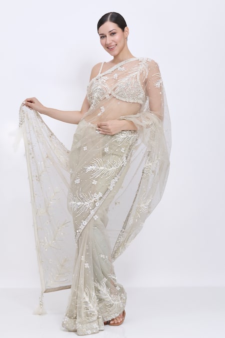 Buy_Dilnaz_Gray Net, Satin Sequins, Embroidery Hand Fern Saree _Online_at_Aza_Fashions