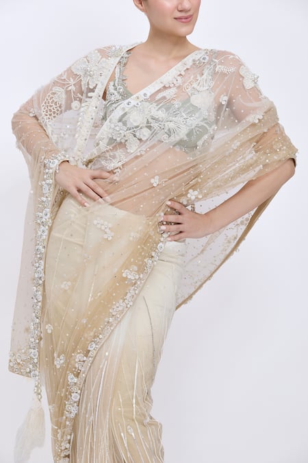 Dilnaz_Ivory Net, Satin Embroidery, Sequins, Stones Shaded Hand Saree _Online_at_Aza_Fashions