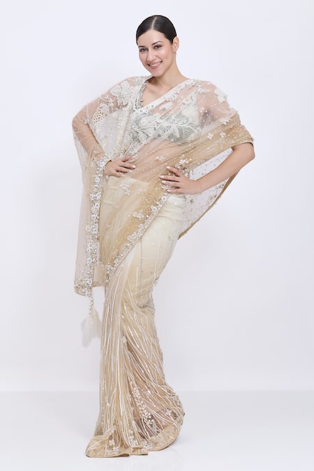 Buy_Dilnaz_Ivory Net, Satin Embroidery, Sequins, Stones Shaded Hand Saree _Online_at_Aza_Fashions