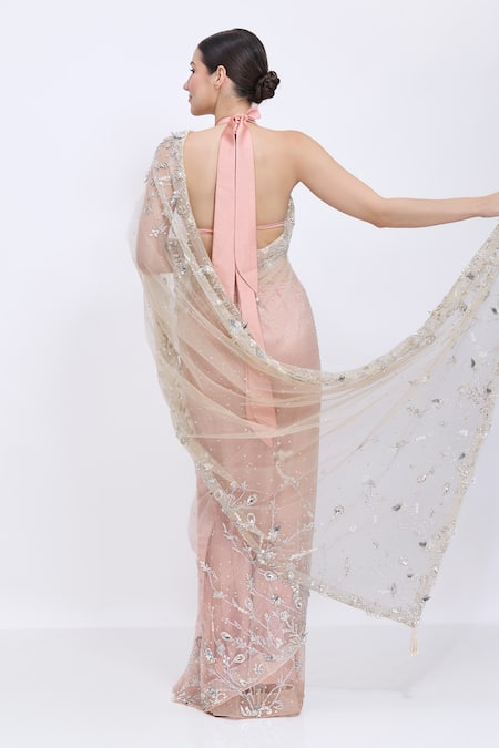 Dilnaz_Pink Net, Satin Embroidery, Sequins, Stones Shaded Hand Saree _Online_at_Aza_Fashions