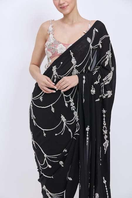 Dilnaz Black Georgette, Polyester, Satin Pearls, Embroidery Saree Online at Aza Fashions Dilnaz_Black Georgette, Polyester, Satin Pearls, Embroidery Saree _Online_at_Aza_Fashions