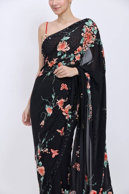 Dilnaz Black Georgette, Polyester, Satin Embroidery, Sequins Chrysanthemum Saree Online at Aza Fashions Dilnaz_Black Georgette, Polyester, Satin Embroidery, Sequins Chrysanthemum Saree _Online_at_Aza_Fashions