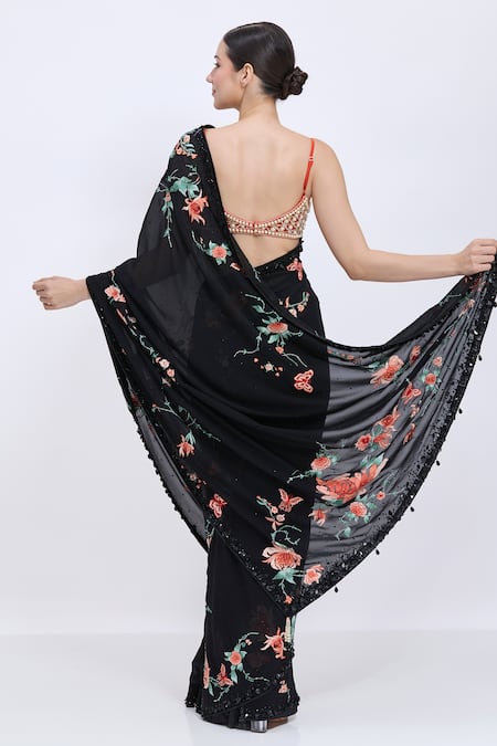 Shop Dilnaz Black Georgette, Polyester, Satin Embroidery, Sequins Chrysanthemum Saree at Aza Fashions Shop_Dilnaz_Black Georgette, Polyester, Satin Embroidery, Sequins Chrysanthemum Saree _at_Aza_Fashions