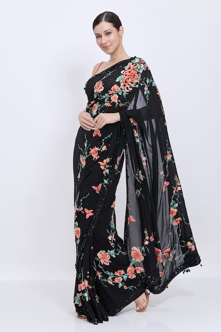 Dilnaz Black Georgette, Polyester, Satin Embroidery, Sequins Chrysanthemum Saree