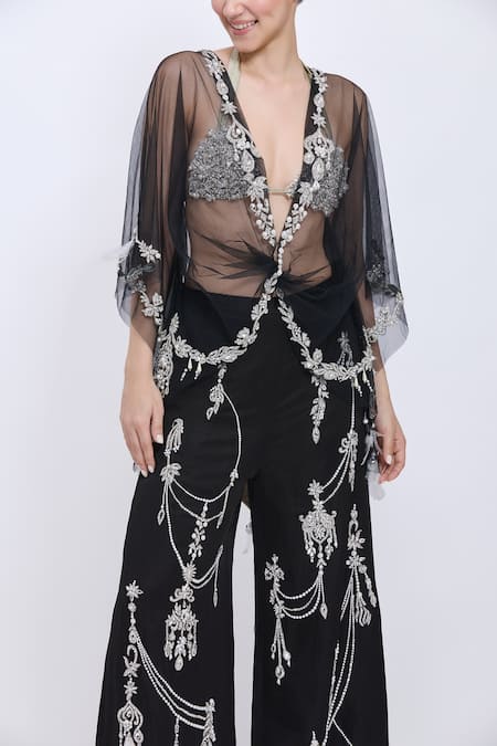 Dilnaz Black Linen Pearls, Stones, Tassels Necklace Hand Embroidered Palazzo Online at Aza Fashions Dilnaz_Black Linen Pearls, Stones, Tassels Necklace Hand Embroidered Palazzo _Online_at_Aza_Fashions