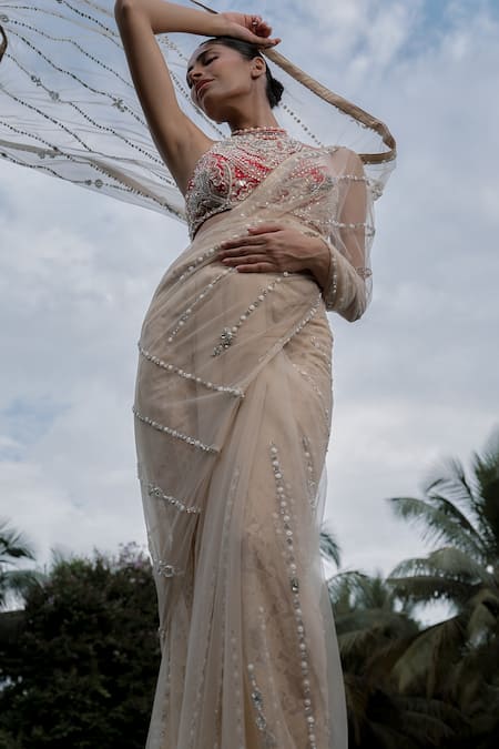 Dilnaz_Gold Net, Satin Embroidery, Sequins Pearl Line Hand Saree _Online_at_Aza_Fashions