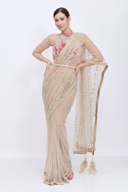 Buy_Dilnaz_Gold Net, Satin Embroidery, Sequins Pearl Line Hand Saree _Online_at_Aza_Fashions