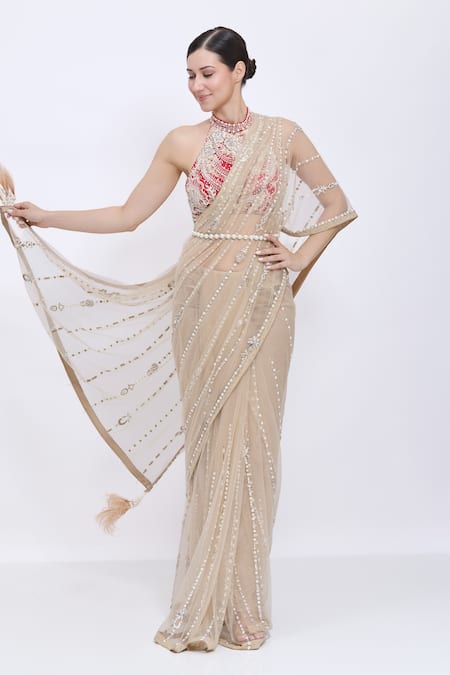 Shop_Dilnaz_Gold Net, Satin Embroidery, Sequins Pearl Line Hand Saree _Online_at_Aza_Fashions