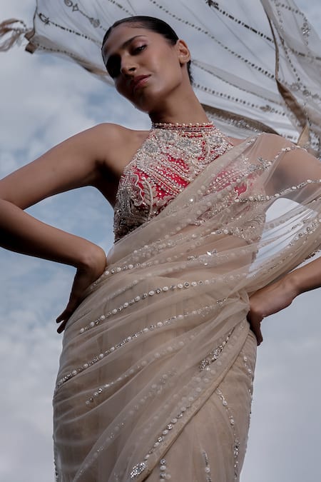 Dilnaz_Gold Net, Satin Embroidery, Sequins Pearl Line Hand Saree _at_Aza_Fashions