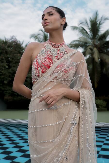 Buy_Dilnaz_Gold Net, Satin Embroidery, Sequins Pearl Line Hand Saree 