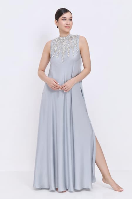 Dilnaz Jewel Neck Bias Gown 