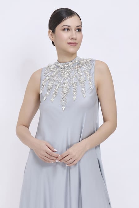 Dilnaz Gray Silk, Polyester, Satin Gemstones, Beads High Neck Jewel Bias Gown Online at Aza Fashions Dilnaz_Gray Silk, Polyester, Satin Gemstones, Beads High Neck Jewel Bias Gown _Online_at_Aza_Fashions