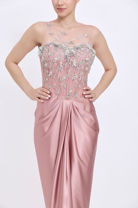 Dilnaz_Pink Net, Polyester, Satin Sequins Round Neck Draped Embellished Gown _Online_at_Aza_Fashions