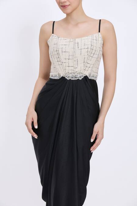 Dilnaz_Ivory Tweed, Polyester, Satin, Net Embroidery, Corset Jewel Belt Draped Gown _Online_at_Aza_Fashions