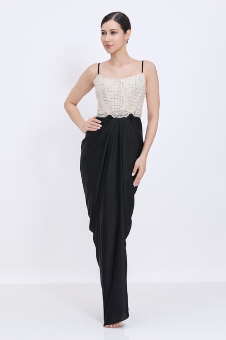 Dilnaz Tweed Corset Jewel Belt Draped Gown 