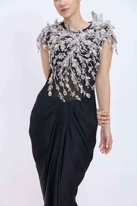 Dilnaz_Black Satin, Net, Polyester Embroidery Round Neck 3d Hand Gown _Online_at_Aza_Fashions