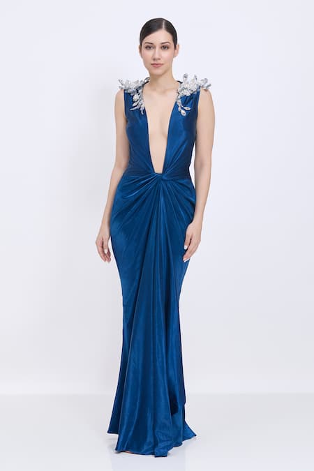 Dilnaz_Sapphire Satin Embroidery V-neck 3d Fern Shoulder Detail Draped Gown _Online_at_Aza_Fashions