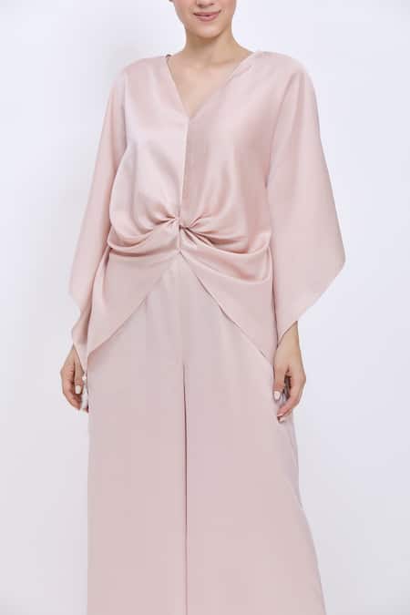 Dilnaz_Beige Satin V-neck Plain Draped Kaftan And Jumpsuit Set _Online_at_Aza_Fashions