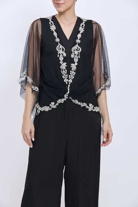 Dilnaz_Black Net, Satin Embroidery, Gemstones V-neck Embellished Kaftan And Jumpsuit Set _Online_at_Aza_Fashions
