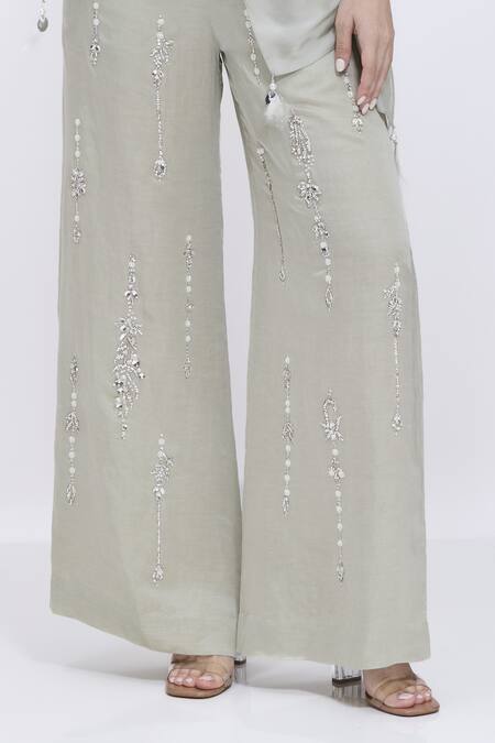 Dilnaz Gray Linen Embroidery, Tassels Diamond Motif Hand Trouser Online at Aza Fashions Dilnaz_Gray Linen Embroidery, Tassels Diamond Motif Hand Trouser _Online_at_Aza_Fashions