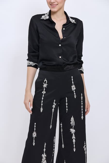 Dilnaz_Black Satin, Velvet, Polyester Embroidery, Metallic Thread Shirt And Trouser Set _Online_at_Aza_Fashions