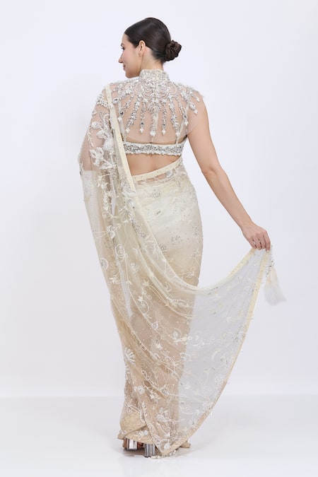 Buy_Dilnaz_Cream Net, Satin Embroidery, Stones, Beads Hand Saree _Online_at_Aza_Fashions