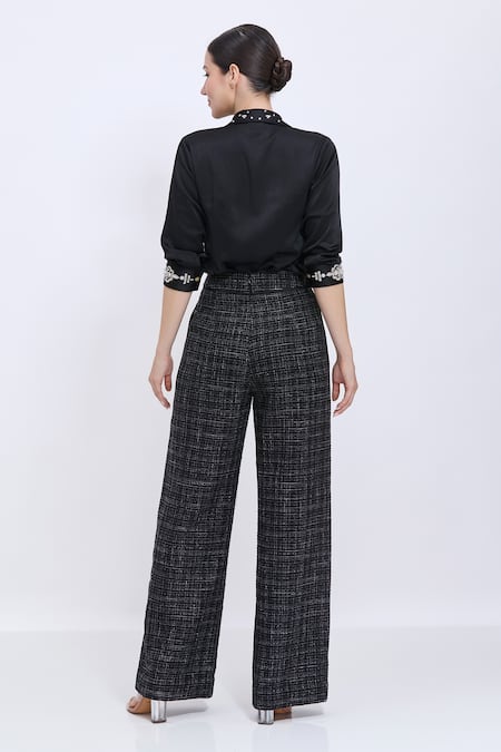 Shop Dilnaz Black Tweed, Polyester Embroidery Hand Trouser at Aza Fashions Shop_Dilnaz_Black Tweed, Polyester Embroidery Hand Trouser _at_Aza_Fashions