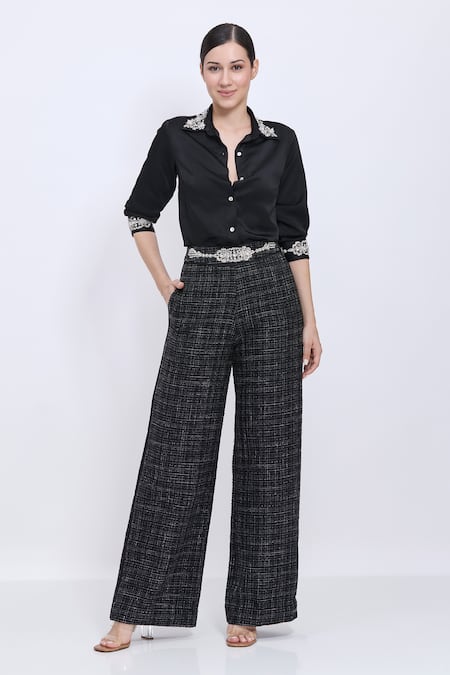 Dilnaz Black Tweed, Polyester Embroidery Hand Trouser