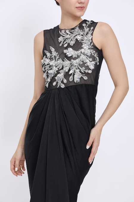 Dilnaz Black Satin, Net, Polyester Stones, Embroidery Round Embellished Draped Gown Online at Aza Fashions Dilnaz_Black Satin, Net, Polyester Stones, Embroidery Round Embellished Draped Gown _Online_at_Aza_Fashions
