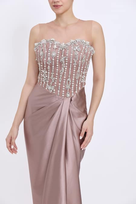 Dilnaz_Brown Satin, Net, Polyester Faux Diamonds, Stones Boat Line Embroidered Gown _Online_at_Aza_Fashions