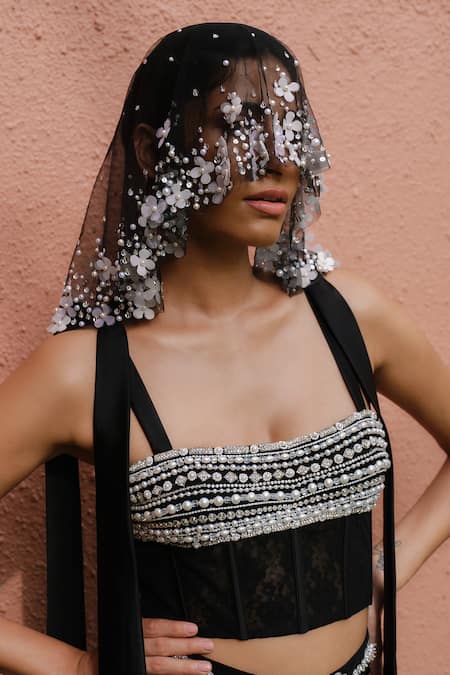 Shop_Dilnaz_Black Lycra, Polyester, Satin Gemstones Draped Skirt _Online_at_Aza_Fashions