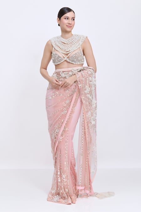 Dilnaz_Ivory High Neck Pearl Embellished Short Cape _Online_at_Aza_Fashions