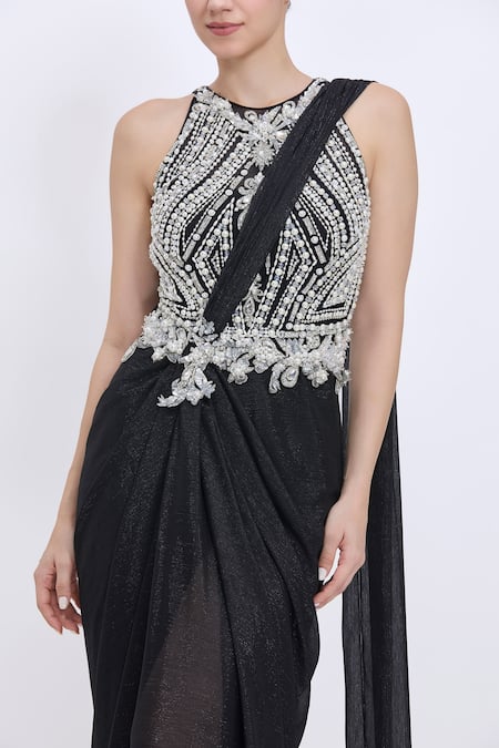 Dilnaz_Black Net, Polyester, Satin, Lycra, Chiffon Embellished Bodice Saree Gown  _Online_at_Aza_Fashions