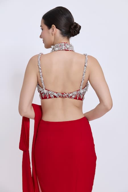 Buy_Dilnaz_Red Georgette, Net, Asymmetric Embroidered Blouse With Pre-draped Saree _Online_at_Aza_Fashions