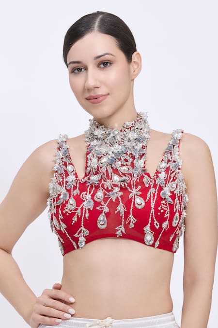 Shop_Dilnaz_Red Georgette, Net, Asymmetric Embroidered Blouse With Pre-draped Saree _Online_at_Aza_Fashions