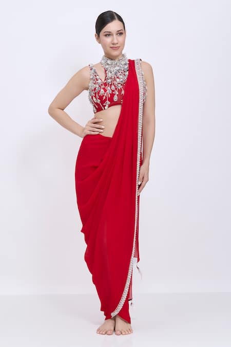 Dilnaz Asymmetric Embroidered Blouse With Pre-Draped Saree 